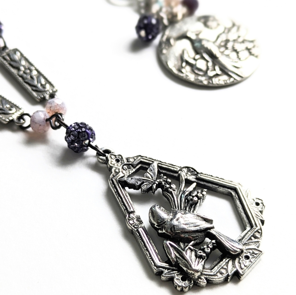 Elegant Silver Bird Necklace & Bracelet Set, spring floral butterfly  jewelry